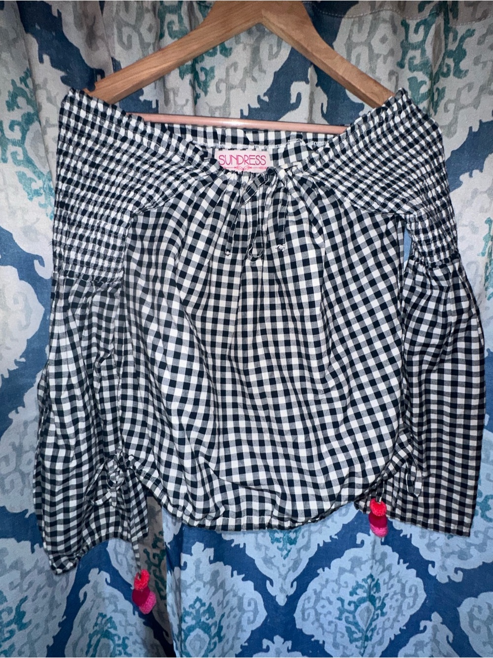 Sundress Black & White Gingham Off Shoulder Top | Boho Chic | XS/S